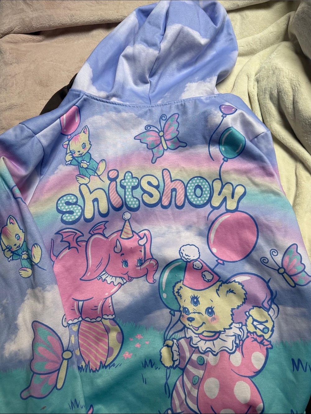 Pastel Rainbow 'Shitshow' Print Hoodie - Blue Pink